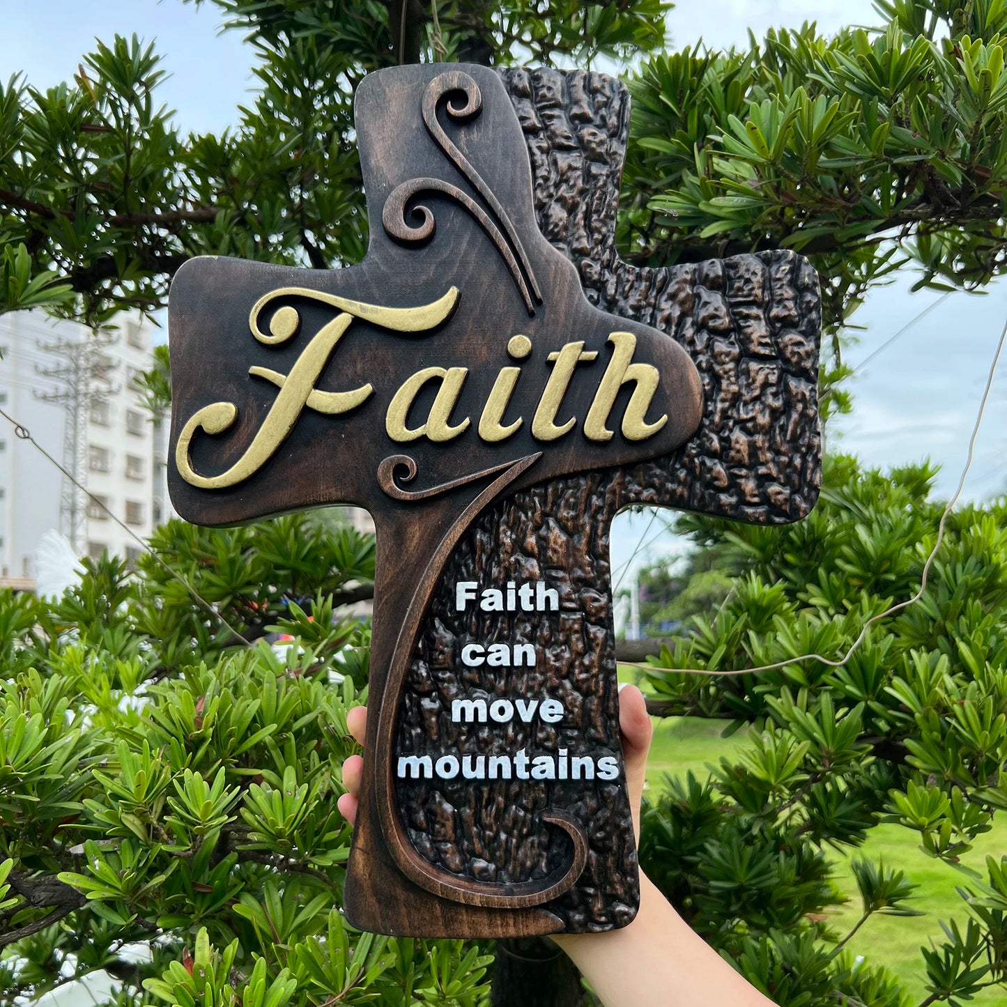 Beech Solid Wood Carved Faith Wood Cross