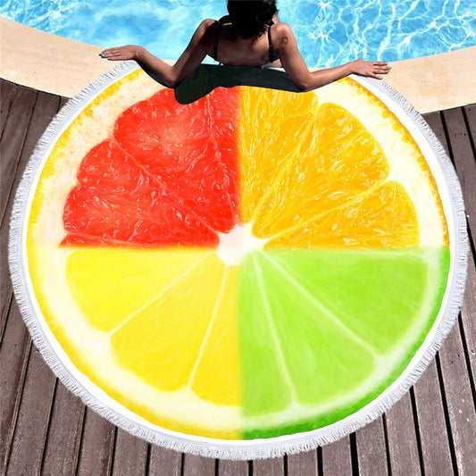 Round, Fruit, Microfiber Beach Towel With Tassels - Various Colors and Sizes
