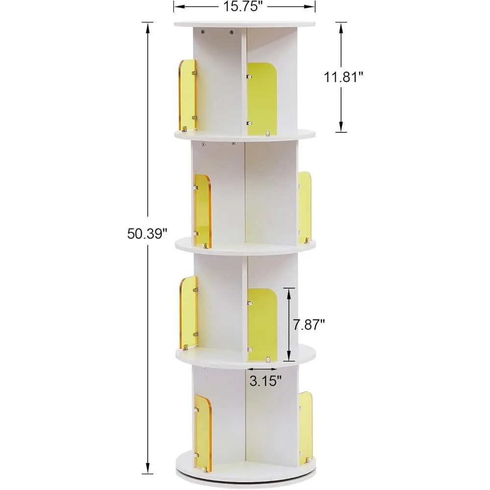 Rotating Bookshelf with Acrylic Display Window Partition, 4 Tier Small Corner Book Display Storage Bookcases