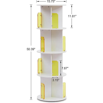 Rotating Bookshelf with Acrylic Display Window Partition, 4 Tier Small Corner Book Display Storage Bookcases