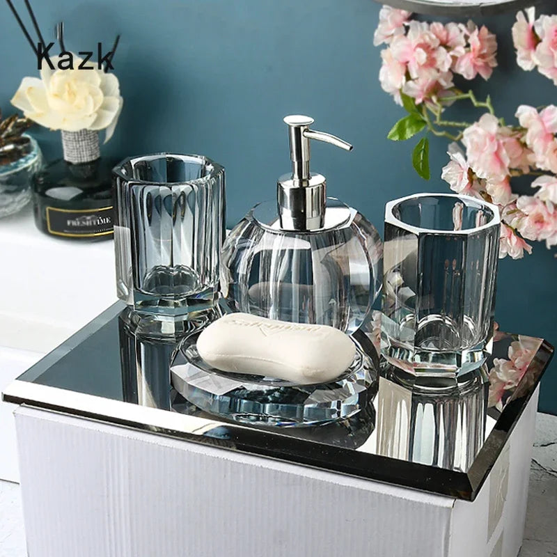 High End Crystal Glass Bathroom Accessories Set Nordic Light Luxury Wash Supplies Toothbrush Holder Cup Soap Box Shampoo Bottle