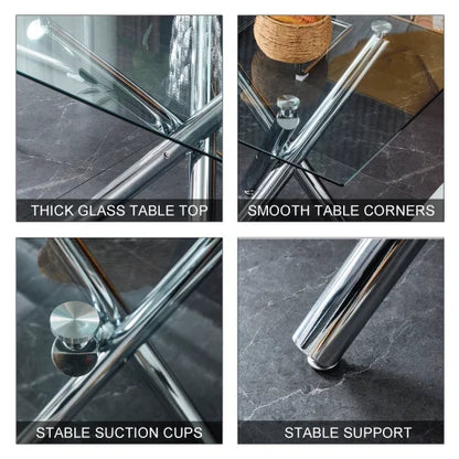 Rectangular Thick Tempered Glass Dining Table with Chrome Metal Legs,  70.86''D x 39.37''W x 29.52''H