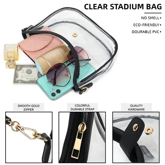 Clear Satchel  Stadium Approved Bag.  Small Clear Crossbody Bag with Zipper comes in Beige, Brown or Black
