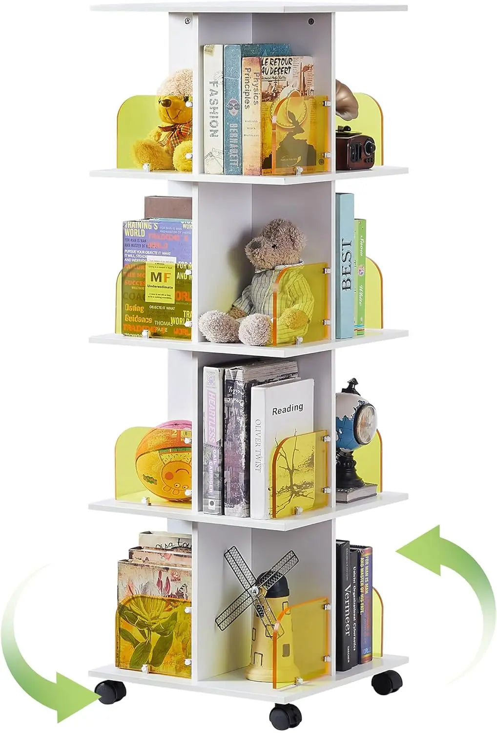 Rotating Bookshelf with Acrylic Display Window Partition, 4 Tier Small Corner Book Display Storage Bookcases