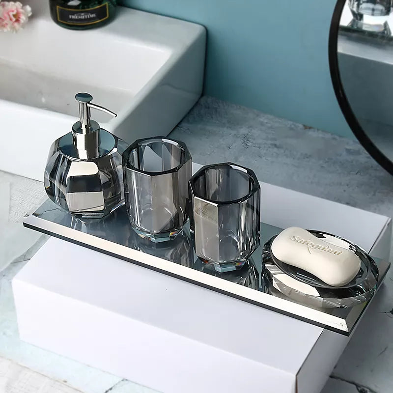 High End Crystal Glass Bathroom Accessories  - Toothbrush Holder, Cup, Soap Dish, and Pump Bottle