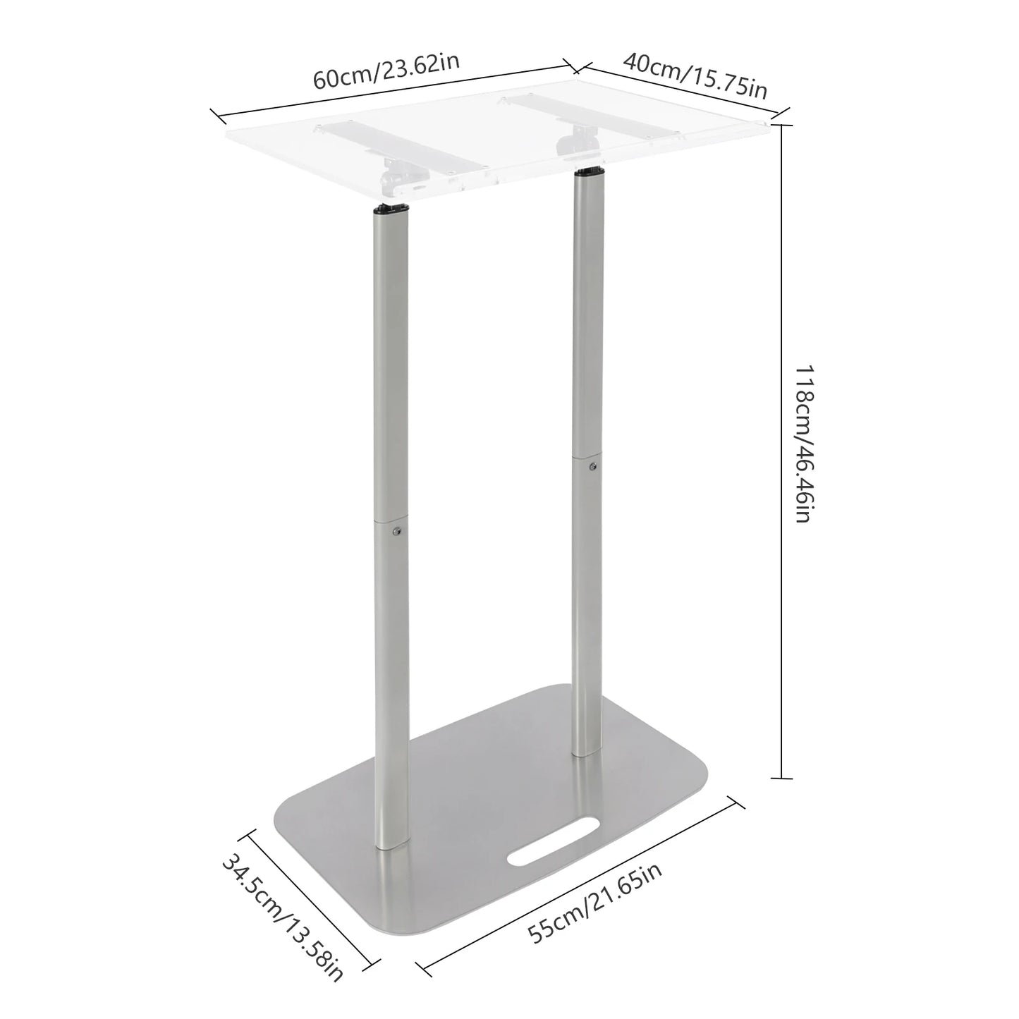 Acrylic Floor Standing Podium, Silver Iron Body and Base, 46.46 Inches Height