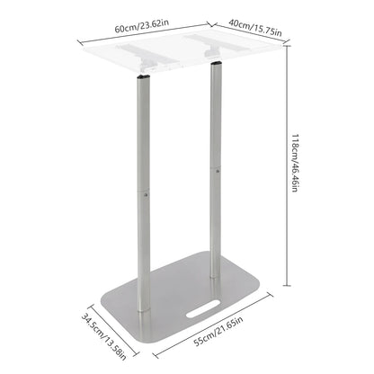 Acrylic Floor Standing Podium, Silver Iron Body and Base, 46.46 Inches Height