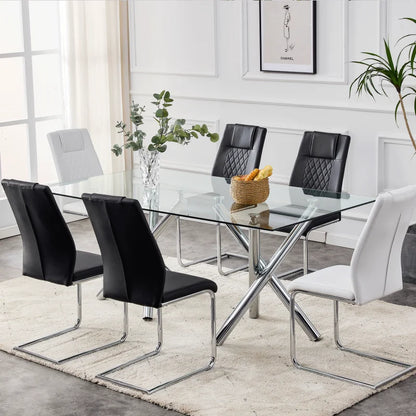 Rectangular Thick Tempered Glass Dining Table with Chrome Metal Legs,  70.86''D x 39.37''W x 29.52''H