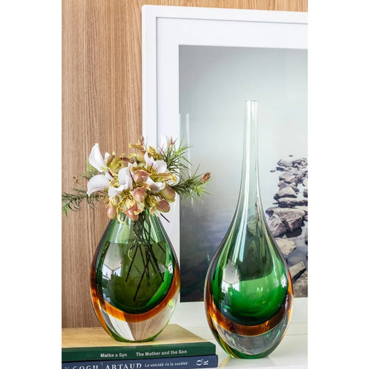 Drop Glass Vase Bicolor Green/Amber Hand Blown Murano-Style Art Glass - Model Tall Vases Decoration Home Decor Decorations Room