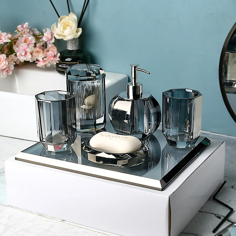 High End Crystal Glass Bathroom Accessories  - Toothbrush Holder, Cup, Soap Dish, and Pump Bottle