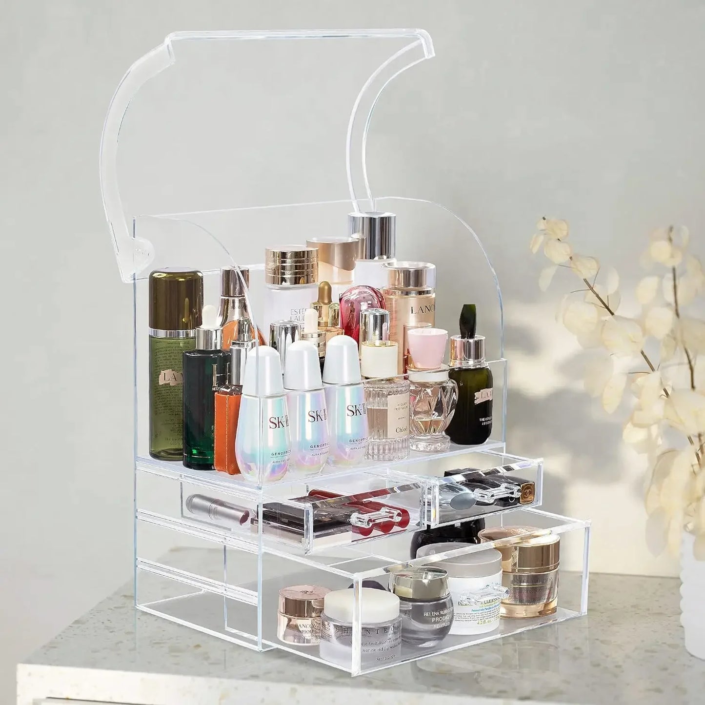 Acrylic Makeup Organizer with Lid Dust Water Proof with 3 Drawers