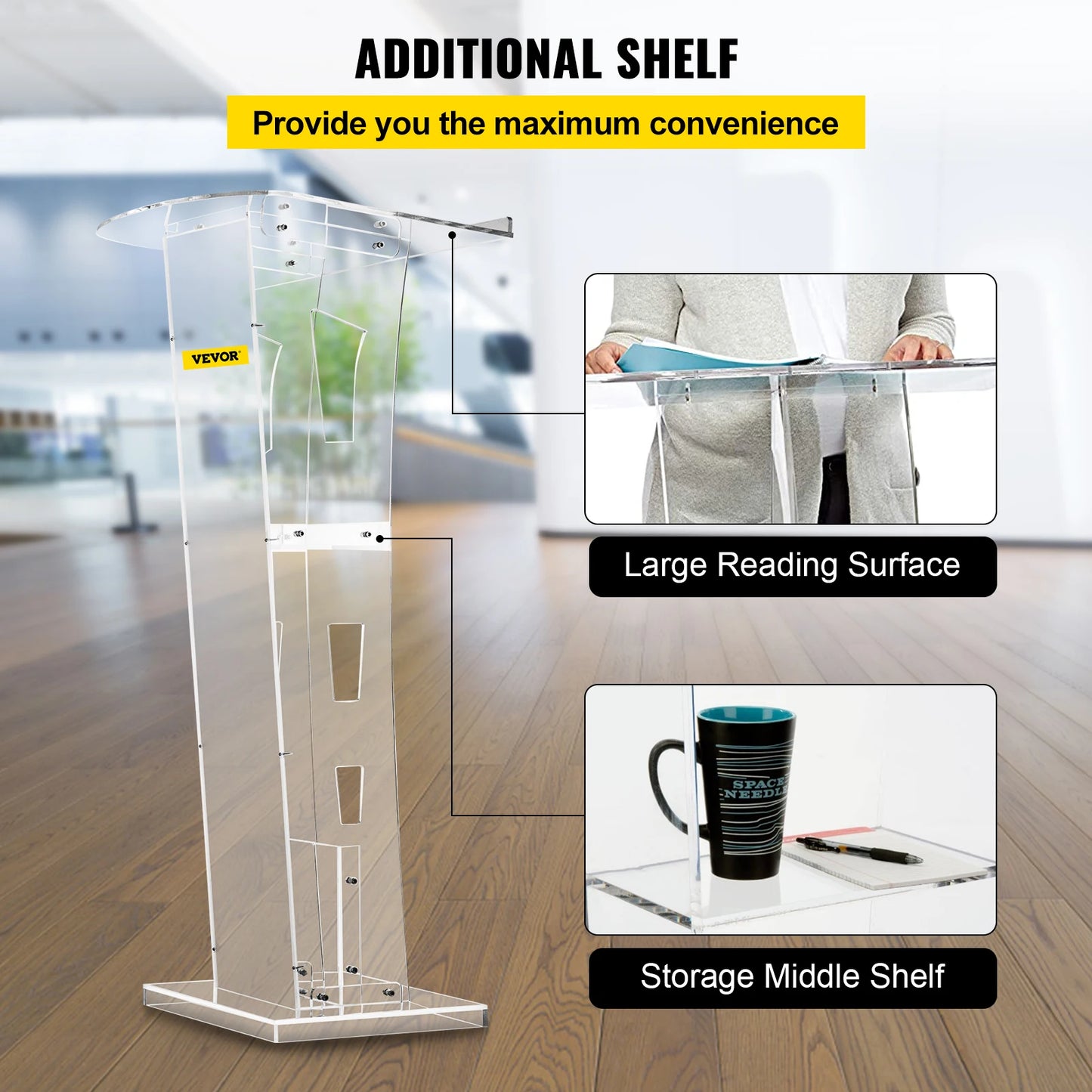 Clear Acrylic Podium Floor Standing  45 inches Height  with middle shelf