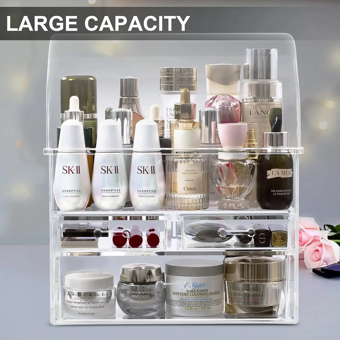 Acrylic Makeup Organizer with Lid Dust Water Proof with 3 Drawers