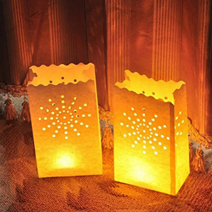 White Paper Tea Light Lantern Bags  - Durable Reusable Flame Resistant - 10pcs