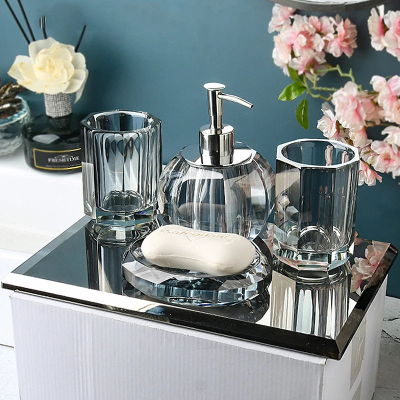 High End Crystal Glass Bathroom Accessories  - Toothbrush Holder, Cup, Soap Dish, and Pump Bottle