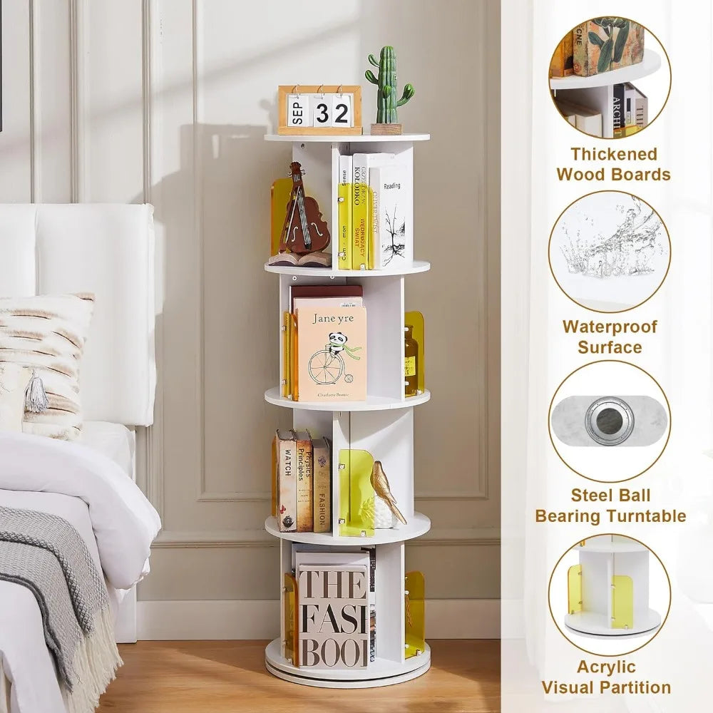 Rotating Bookshelf with Acrylic Display Window Partition, 4 Tier Small Corner Book Display Storage Bookcases