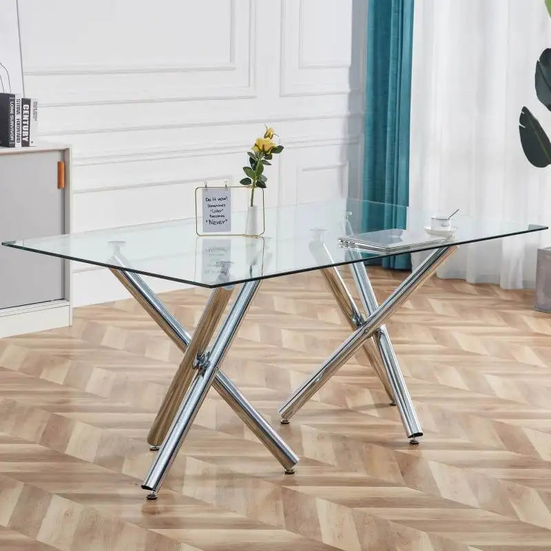 Rectangular Thick Tempered Glass Dining Table with Chrome Metal Legs,  70.86''D x 39.37''W x 29.52''H