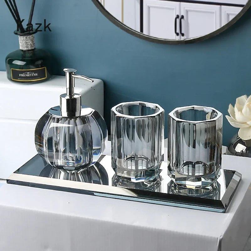 High End Crystal Glass Bathroom Accessories Set Nordic Light Luxury Wash Supplies Toothbrush Holder Cup Soap Box Shampoo Bottle