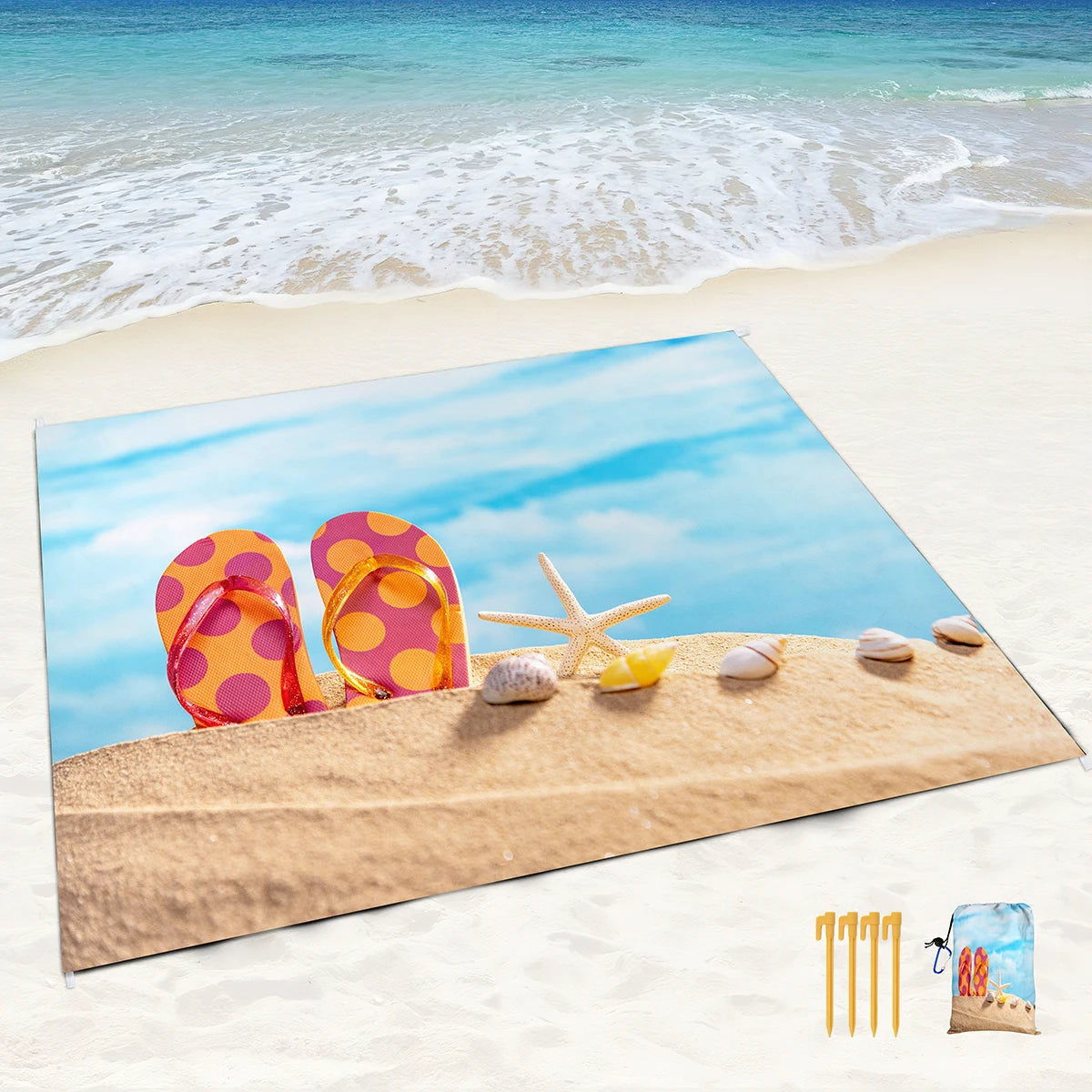 Beach Mat,  Lightweight,  Durable,  Portable,  Outdoor Blanket with carrying pouch, 4 Stakes and 4 Corner Loops - Various Styles and Sizes (S, M, & L)