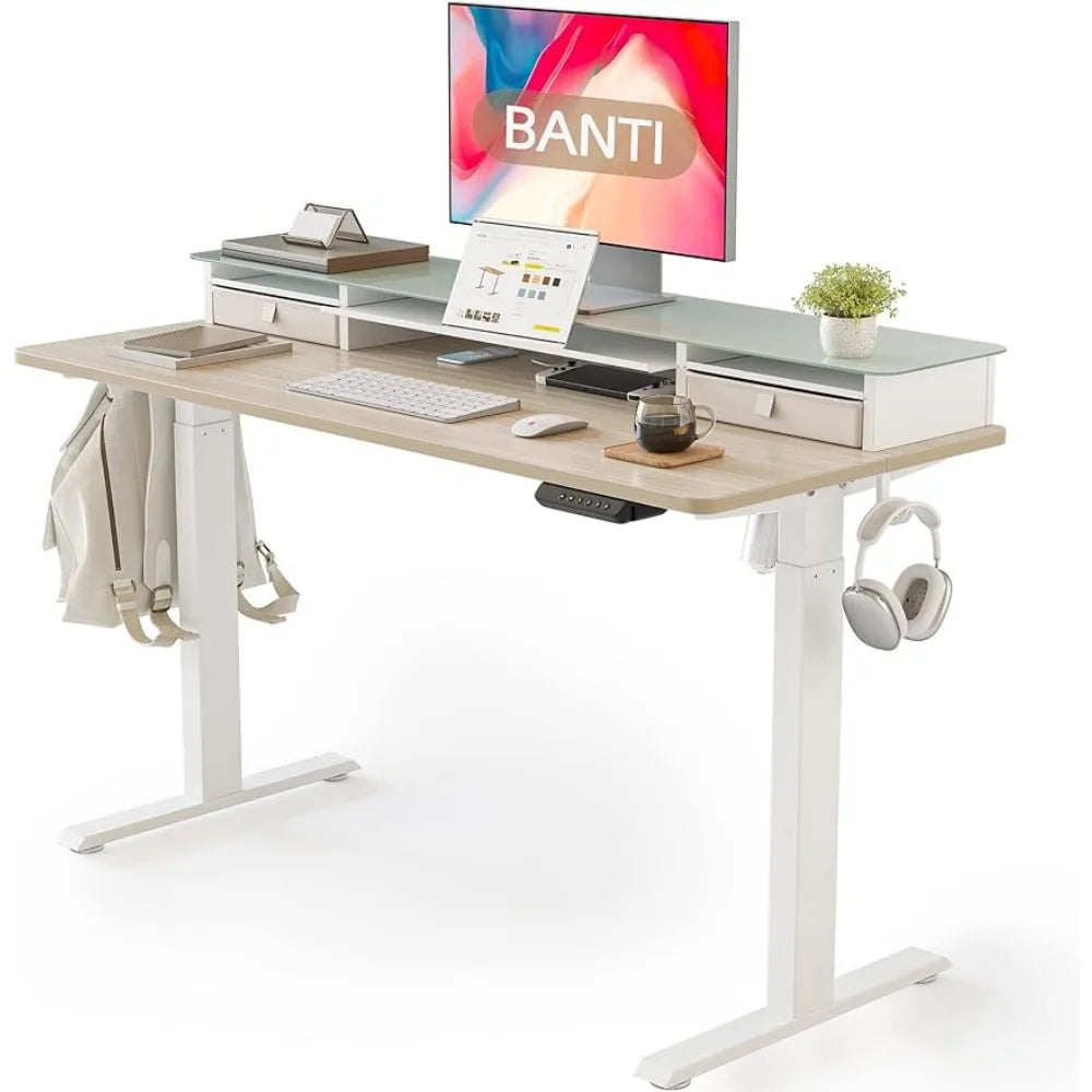 48"x 26" Electric Standing Desk with Glass Top Monitor Stand, Adjustable Sit/Stand Up Table with Double Drawer