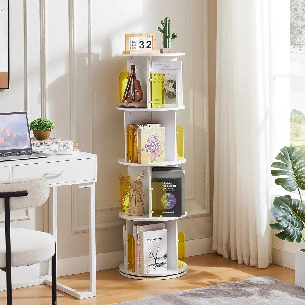 Rotating Bookshelf with Acrylic Display Window Partition, 4 Tier Small Corner Book Display Storage Bookcases