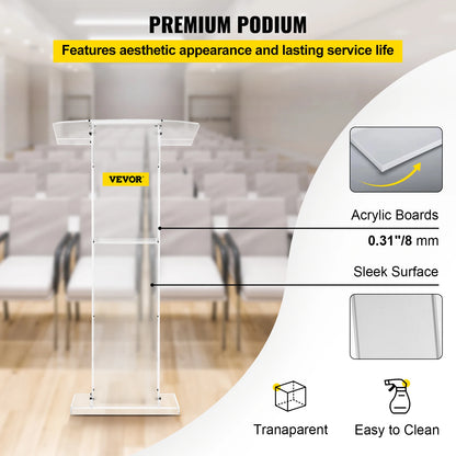 Clear Acrylic Podium Floor Standing  45 inches Height  with middle shelf