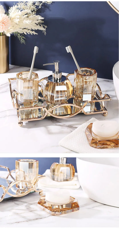 High End Crystal Glass Bathroom Accessories  - Toothbrush Holder, Cup, Soap Dish, and Pump Bottle