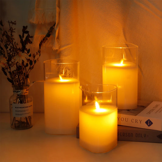Glass Battery Operated Flickering LED Pillar Candles with 6-Hour Timer