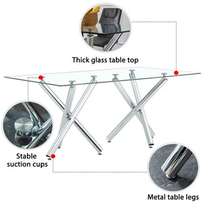 Rectangular Thick Tempered Glass Dining Table with Chrome Metal Legs,  70.86''D x 39.37''W x 29.52''H