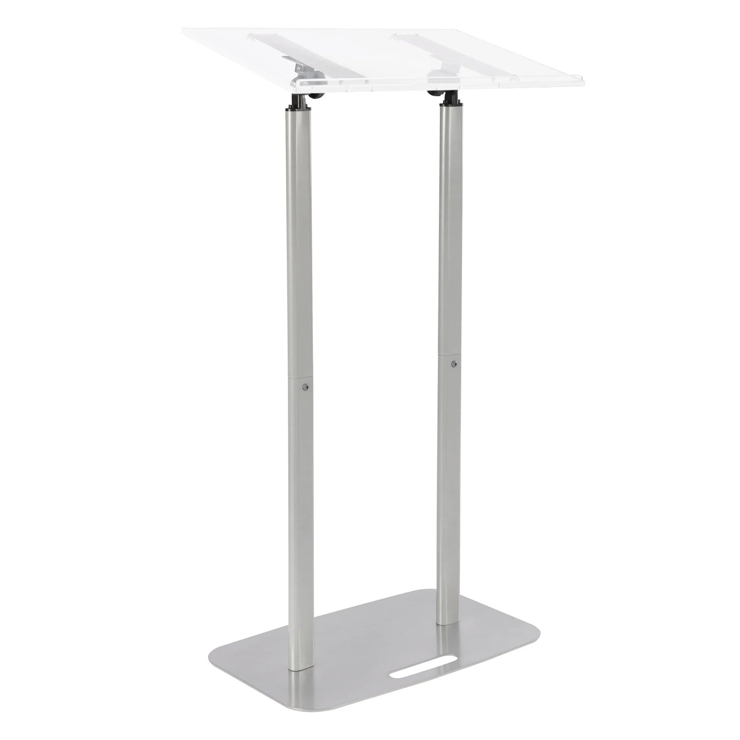 Acrylic Floor Standing Podium, Silver Iron Body and Base, 46.46 Inches Height