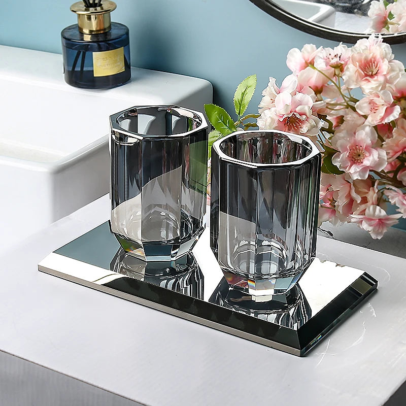 High End Crystal Glass Bathroom Accessories  - Toothbrush Holder, Cup, Soap Dish, and Pump Bottle