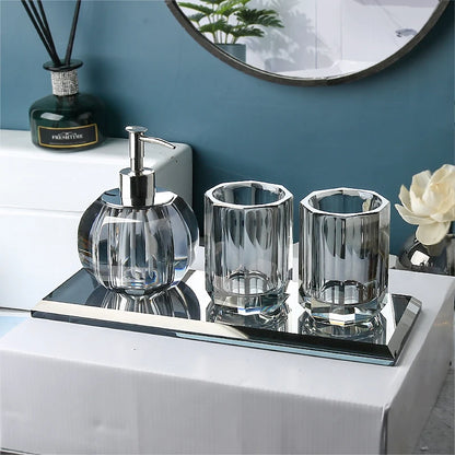 High End Crystal Glass Bathroom Accessories  - Toothbrush Holder, Cup, Soap Dish, and Pump Bottle