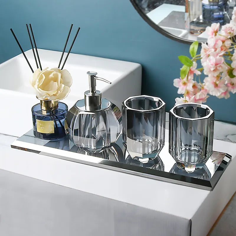 High End Crystal Glass Bathroom Accessories  - Toothbrush Holder, Cup, Soap Dish, and Pump Bottle